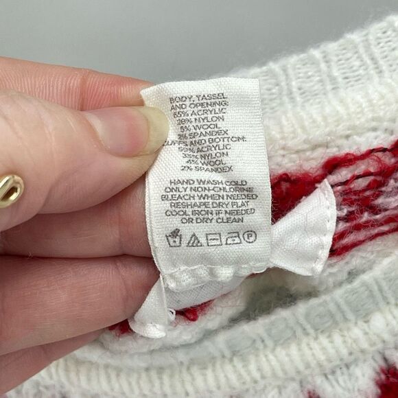 LOFT Outlet Womens Pullover Sweater Fair Isle Fringe Acrylic Wool Red Large - Picture 3 of 8